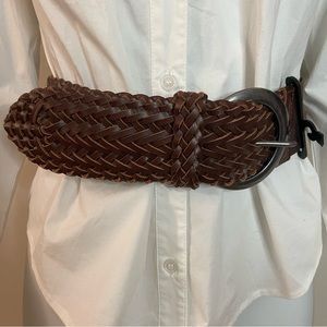 Deep brown PU leather braided elastic waistband belt